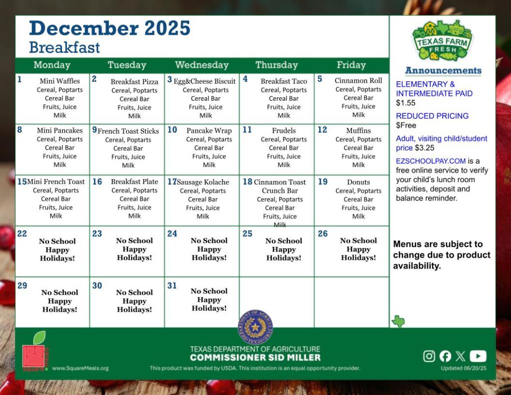 graphic of December breakfast menu